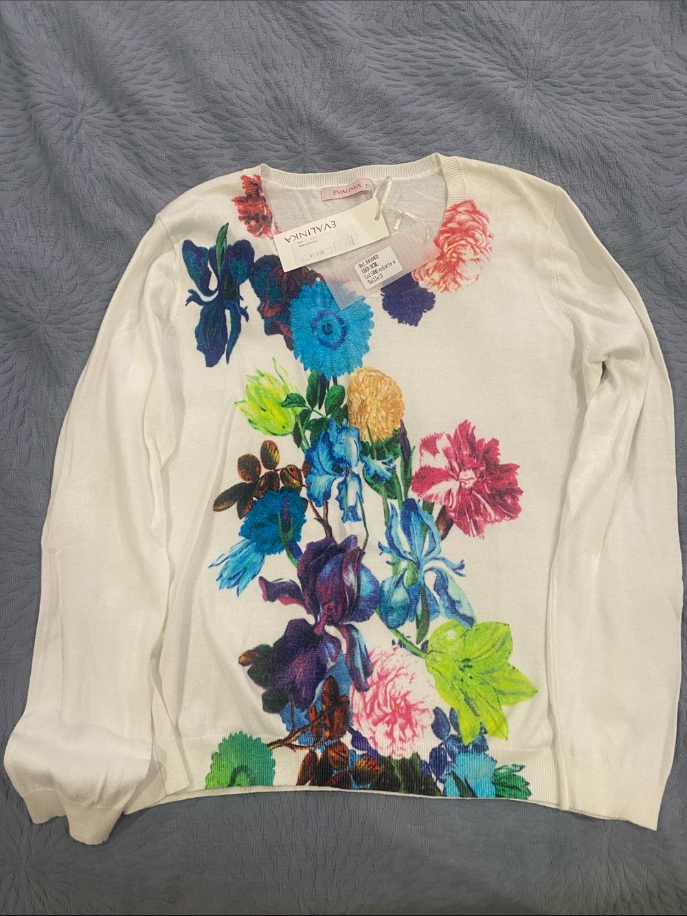 White Crewneck Sweater with Multicolor Floral Print